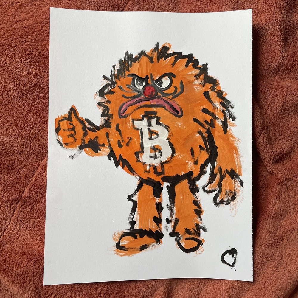 Bitcoin Original Painting 9x12 Bitty Mascot Crypto Art Orange Monster Oman Hosea